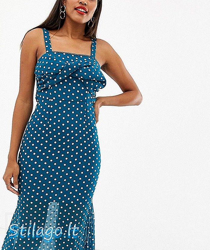 Talulah Reverie, kwiecista, haftowana sukienka midi w kolorze niebieskim