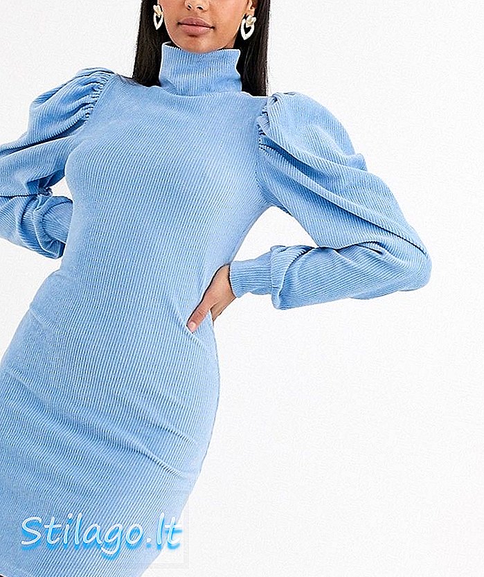 ASOS DESIGN שמלת שרוול שרוול גבוהה בצוואר בצבע כחול