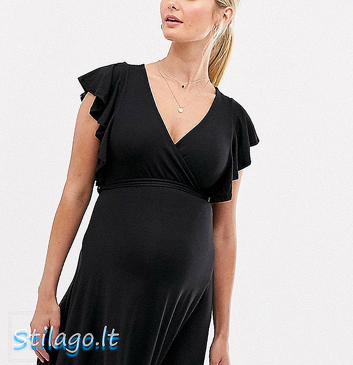 New Look - Vestito nero avvolgente con maniche arricciate in maternità