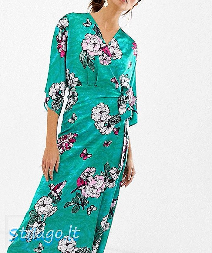 Váy midi kimono màu rượu vang in hoa màu xanh lá cây