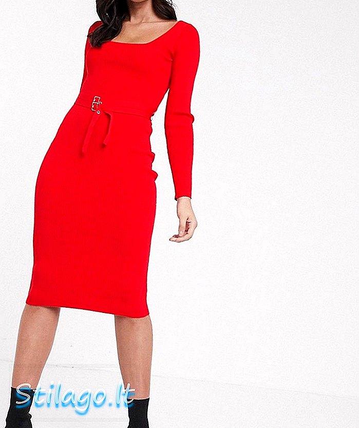 فستان متوسط ​​الطول بحزام مربع من ASOS DESIGN - أحمر