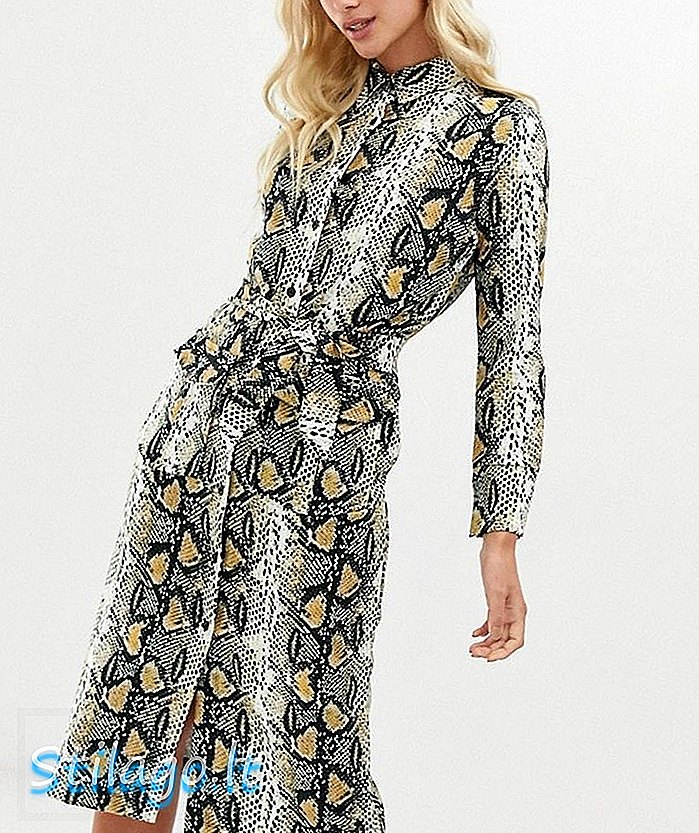 बेल्ट विस्तार-बेज के साथ ज़ीबी लंदन साँप प्रिंट शर्ट मिडी ड्रेस