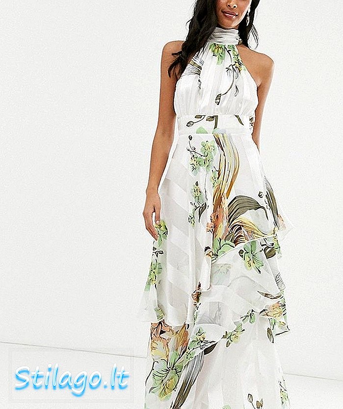 ASOS DESIGN maxi dress berjenjang leher tinggi dengan garis-garis tipis dan solid dalam bunga-Multi cantik