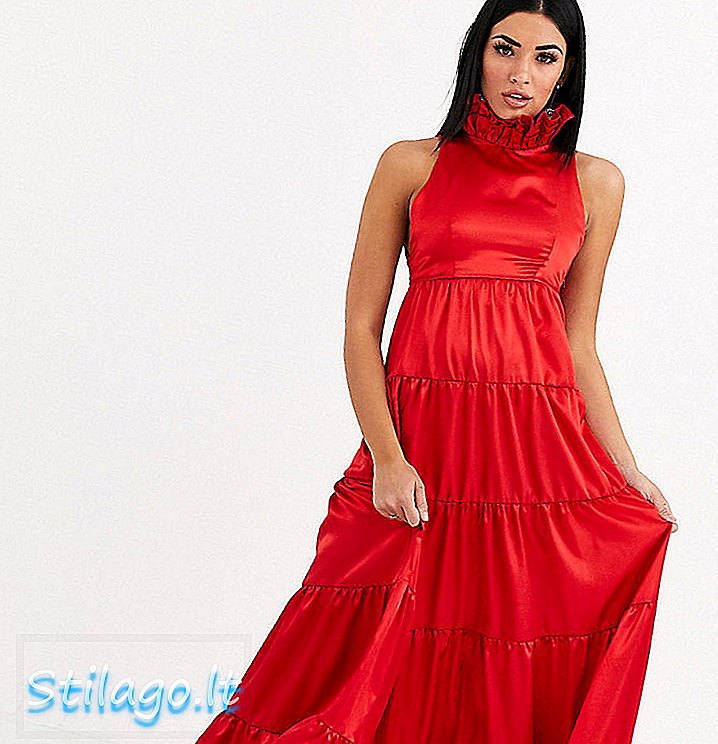 Flounce London volánový krk vrstvený saténové šaty maxi v červené barvě