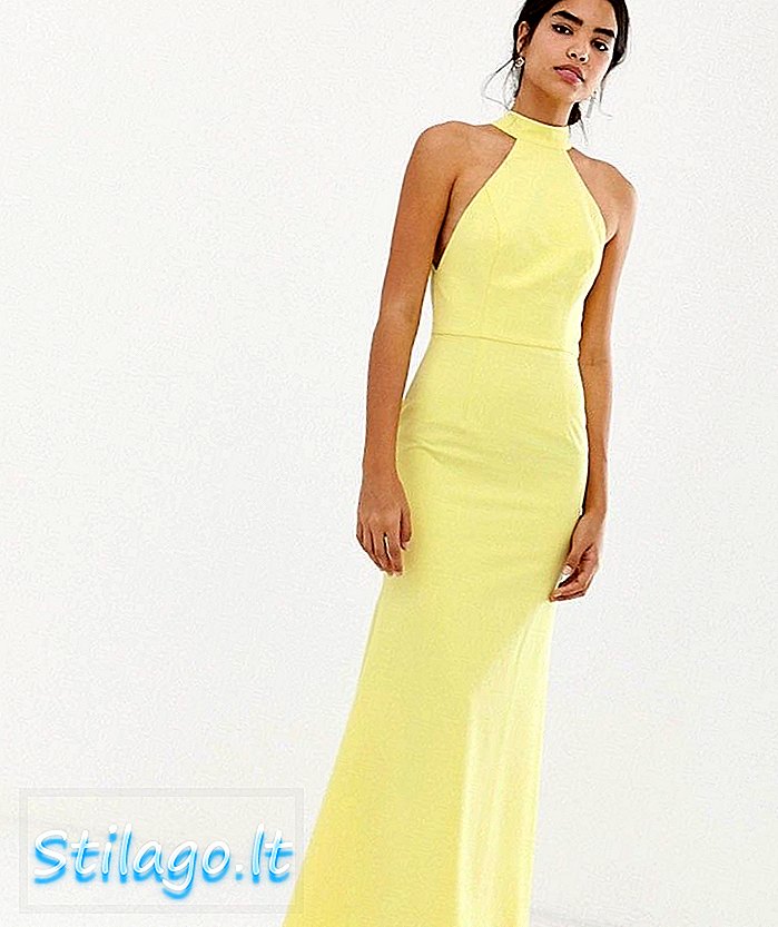 लिंबू-पिवळ्या रंगात ओपन बॅक तपशीलासह जार्लो हाय नेक ट्रॉफी मॅक्सी ड्रेस