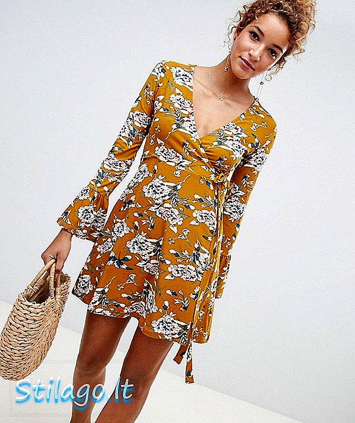 فستان QED لندن ملفوف بالأزهار مع أكمام مضيئة-أصفر