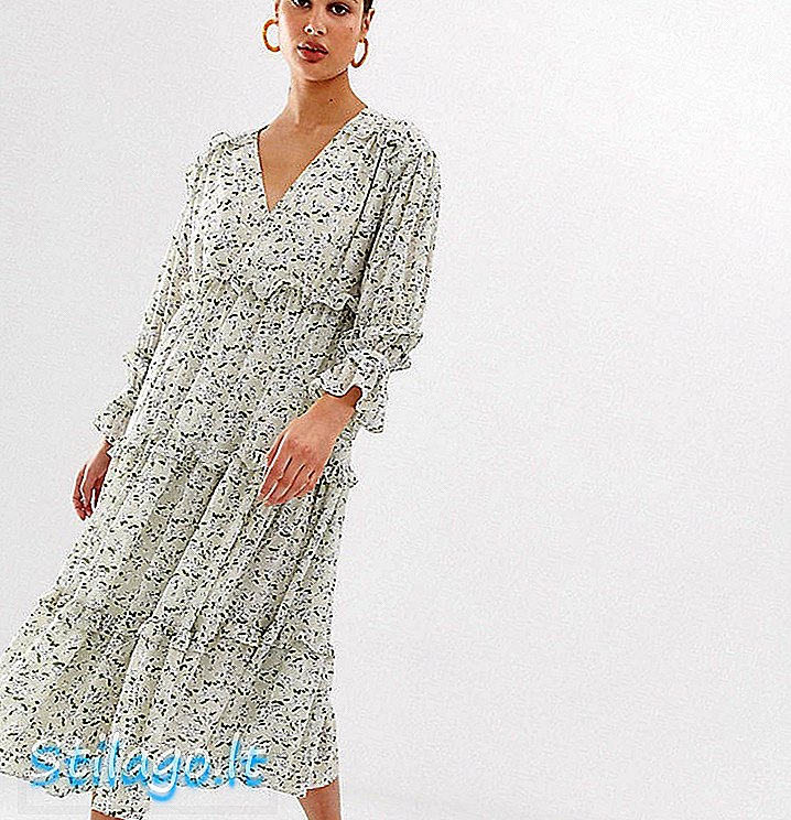 Ekskluzywna oversize'owa sukienka midi Ghospell z marszczonymi detalami w klasycznym kremowo-kwiatowym kremowym kolorze