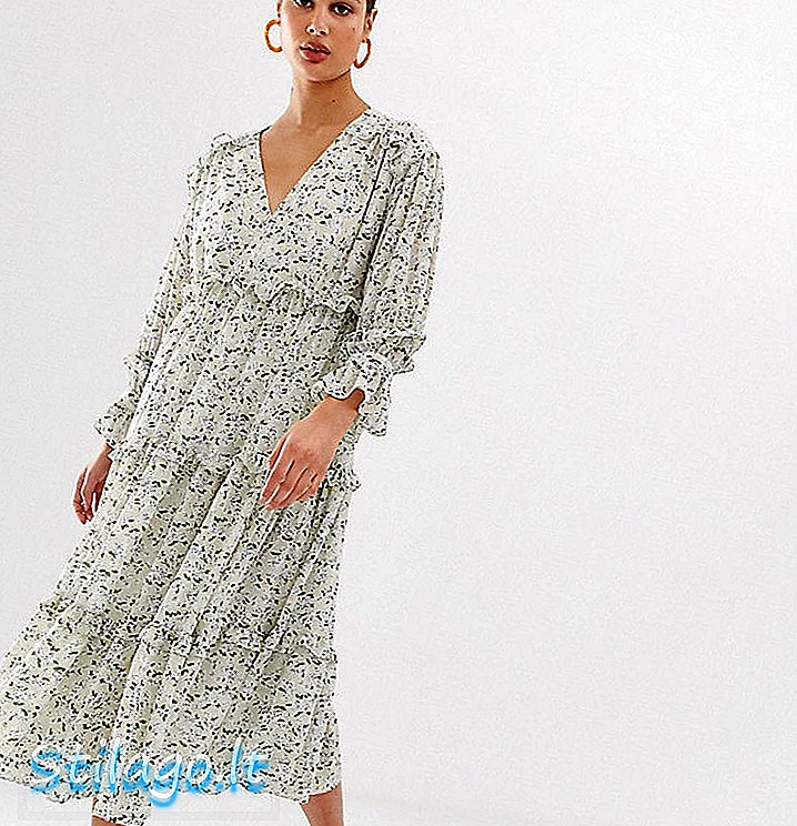 Exclusieve oversized midi-jurk van Ghospell met ruches in vintage ditsy bloemen-crème