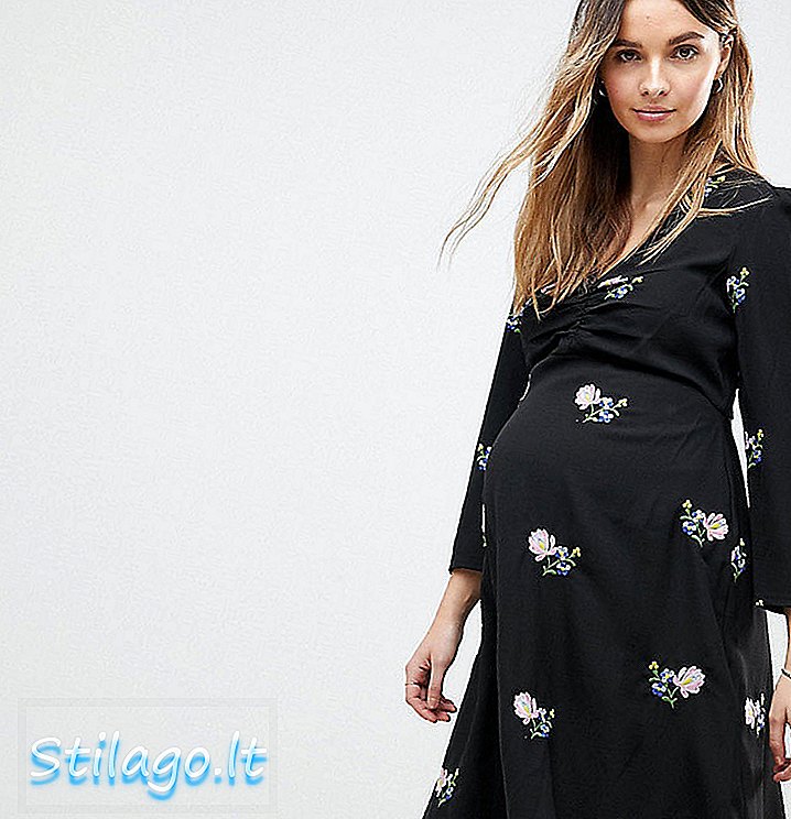 ASOS Hamile Çiçek İşlemeli Midi Çay Elbise-Siyah