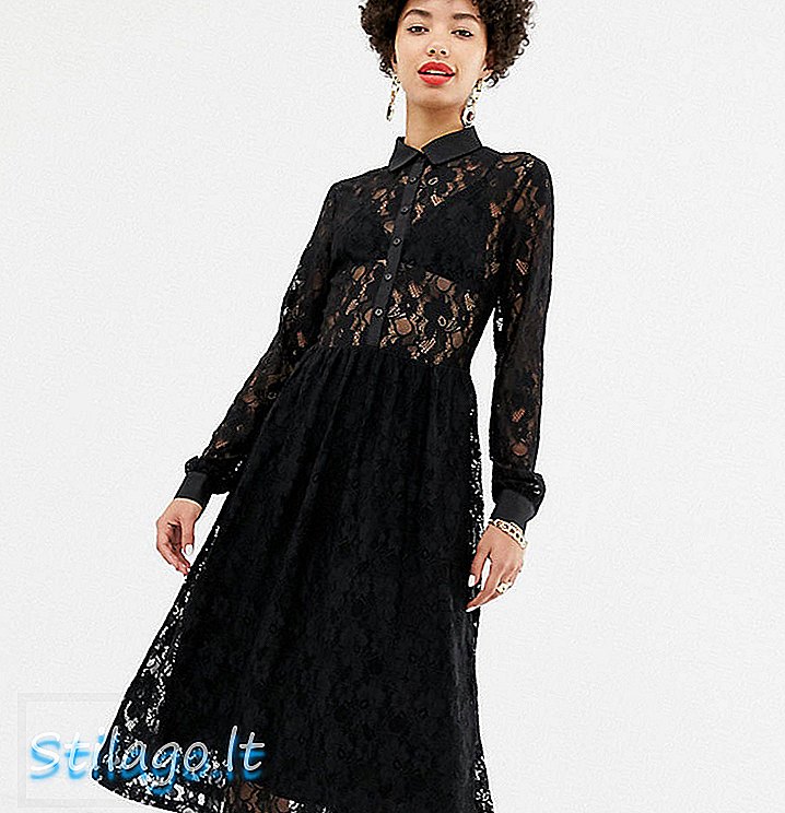 Na-kd midi-jurk met lange mouwen en kanten detail in zwart