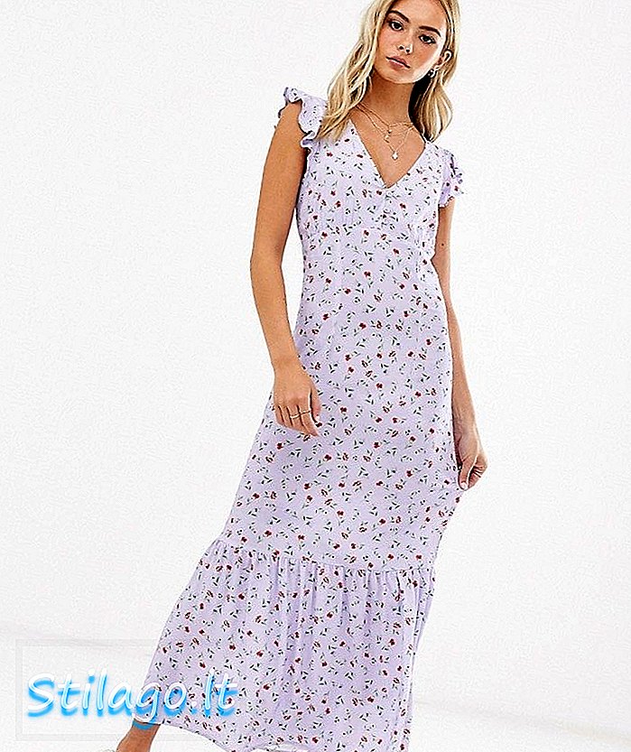 Midi-kjole med blomsterprint i lilla-lilla