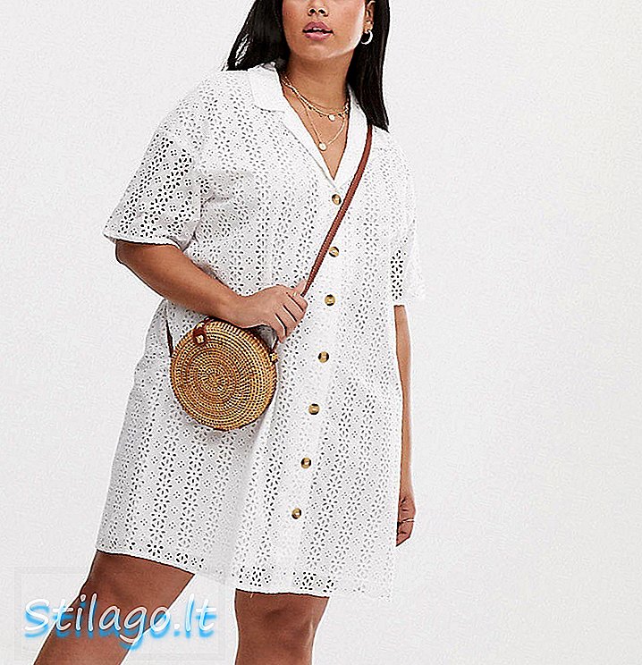 ASOS DESIGN Botão de curva através de broderie mini camisa vestido-Branco