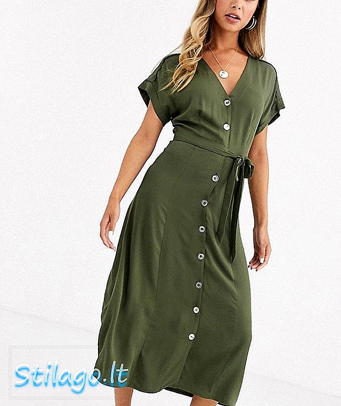 Oasis midi kjole med selvbælte i khaki-grøn