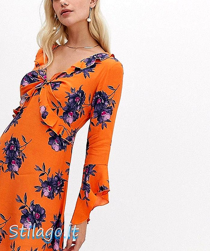 River Island cvjetni print Frill prednja čajna haljina-narančasta