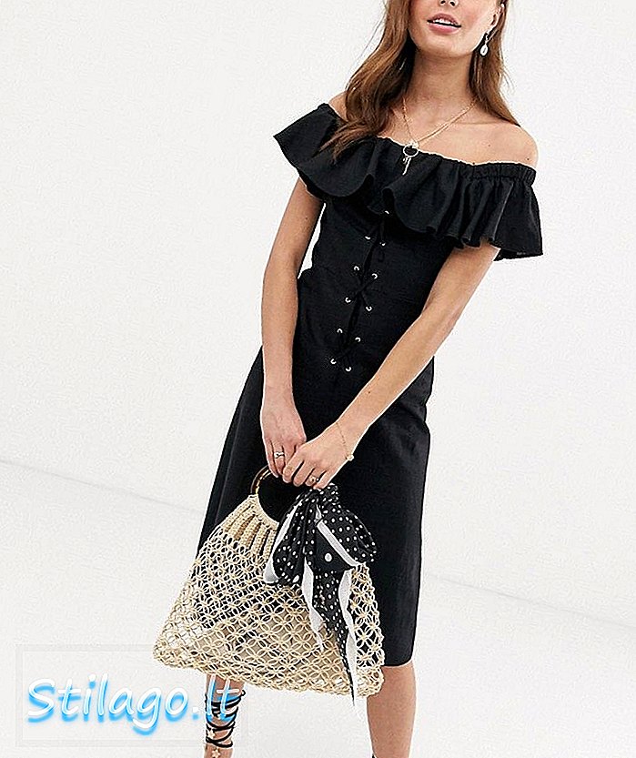 Vestido a media pierna de lino bardot de ASOS DESIGN-Negro