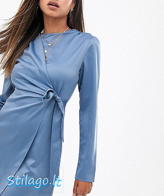 שמלת גלישת אופנה לאיחוד אופנה עם פרטי עניבה בצבע כחול סאטן