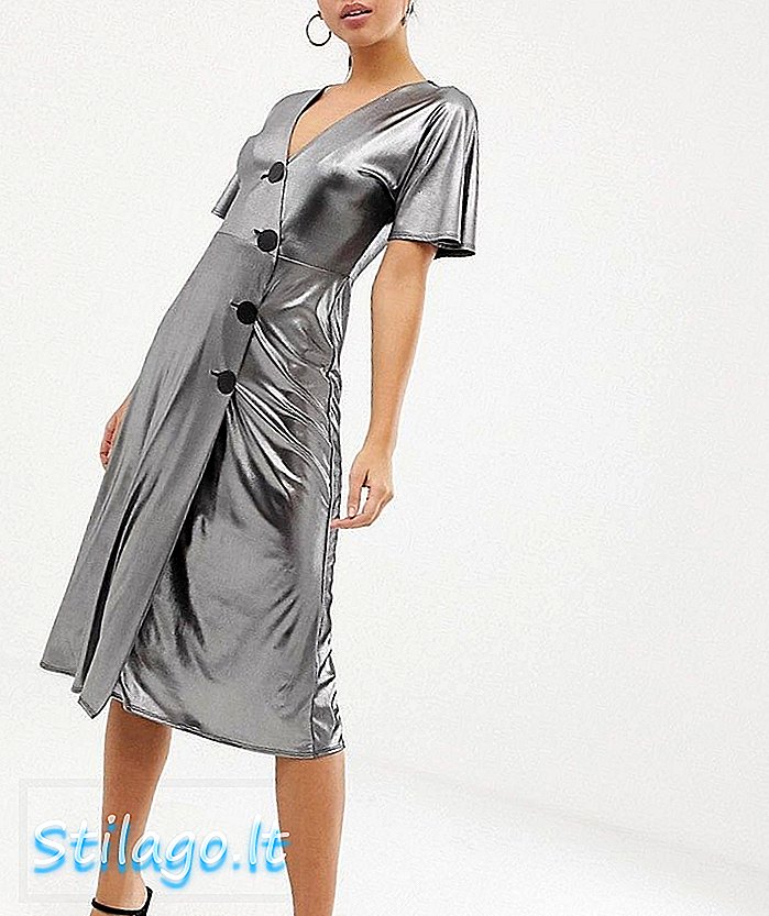 ASOS DESIGN srebrna metaliczna sukienka midi z metalowymi guzikami