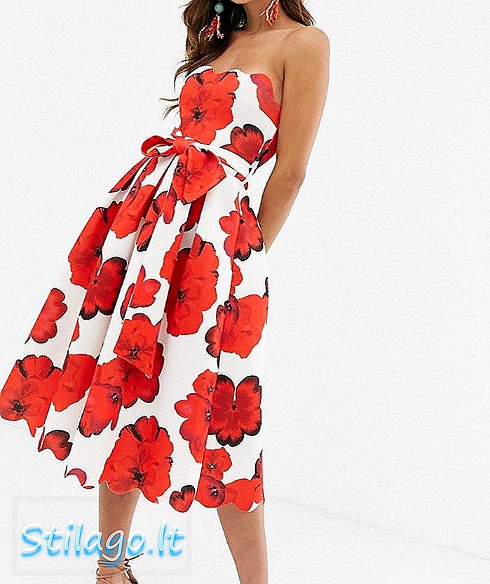ASOS DESIGN scallop poppy floral print midi skater dress-Red