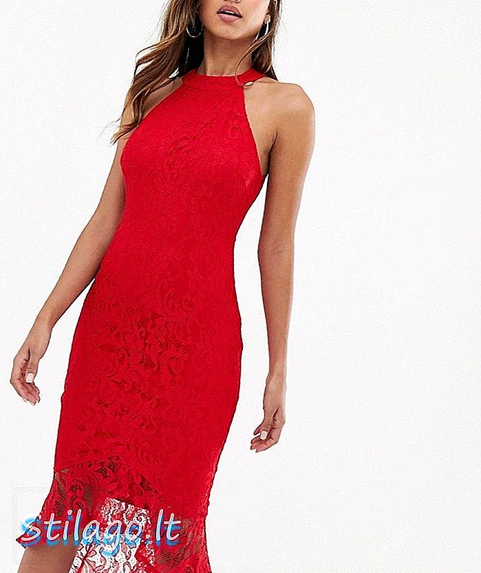 צוואר צווארון העורף של פריז AX שמלת midi תחרה עם אדום אדום אדום