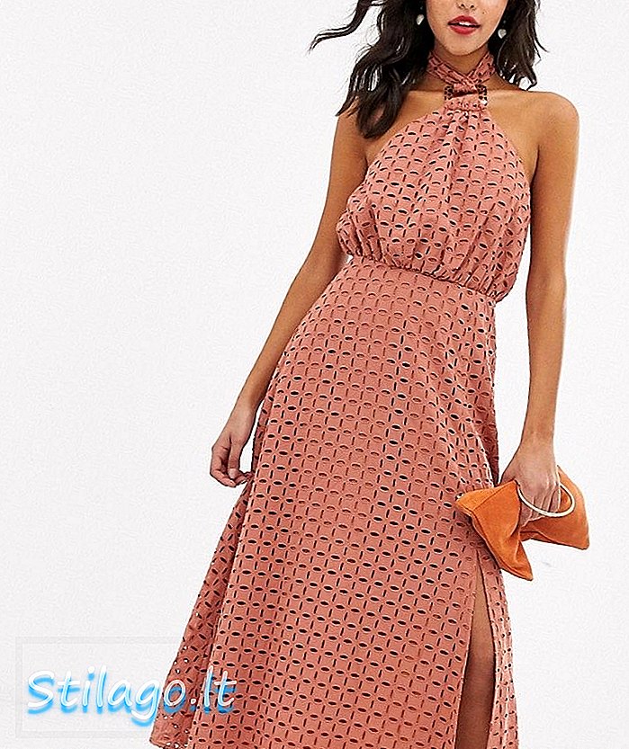 ASOS DESIGN halterneck broderie maxi dress-Pink