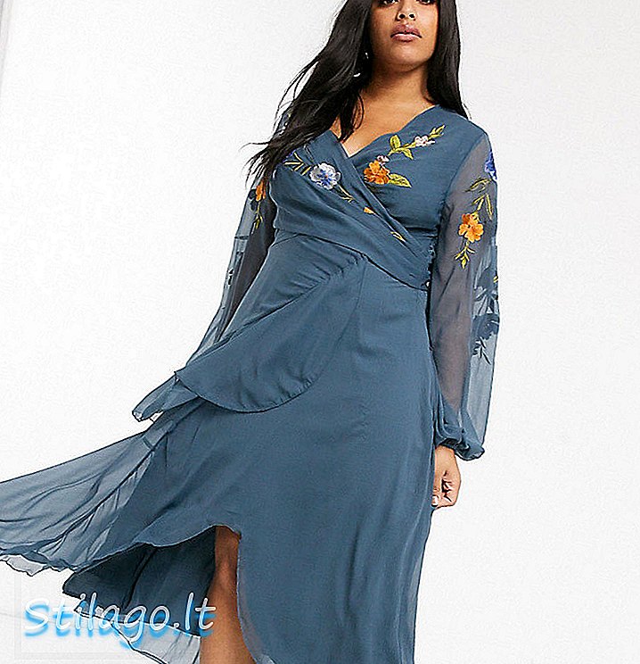 „ASOS DESIGN“ midi suknelė kreivai apvyniota sodo siuvinėjimu - mėlyna