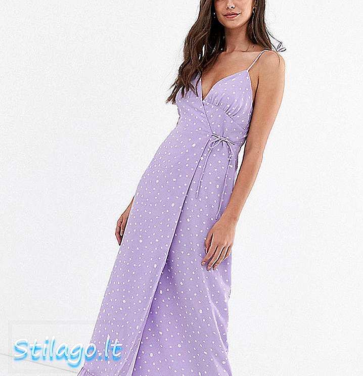 Модное платье миди с высокой талией и завязкой талии в фиолетовом стиле.