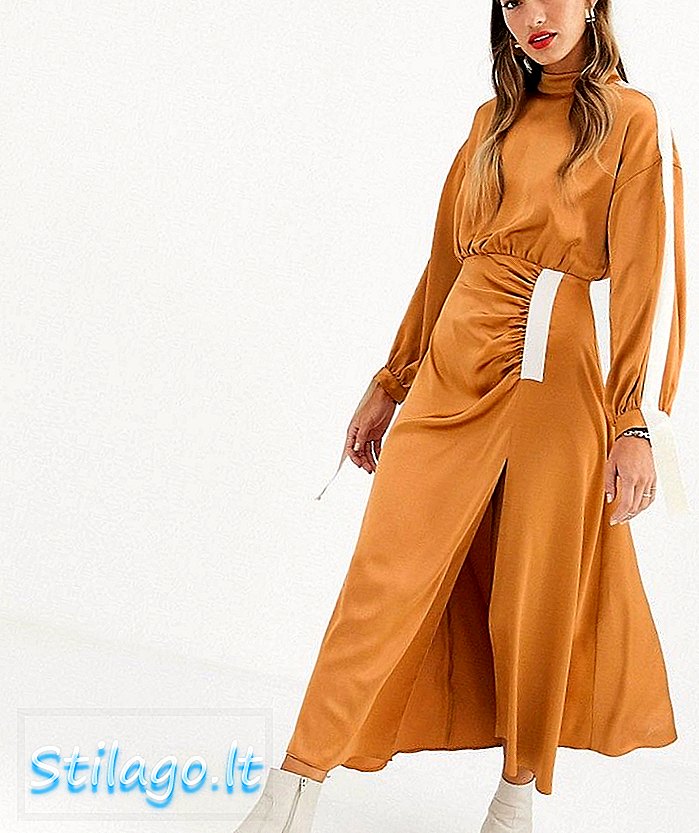 ASOS DESIGN Kopenhagenska haljina od satenske midi haljine sa trakom od jagodica - smeđa