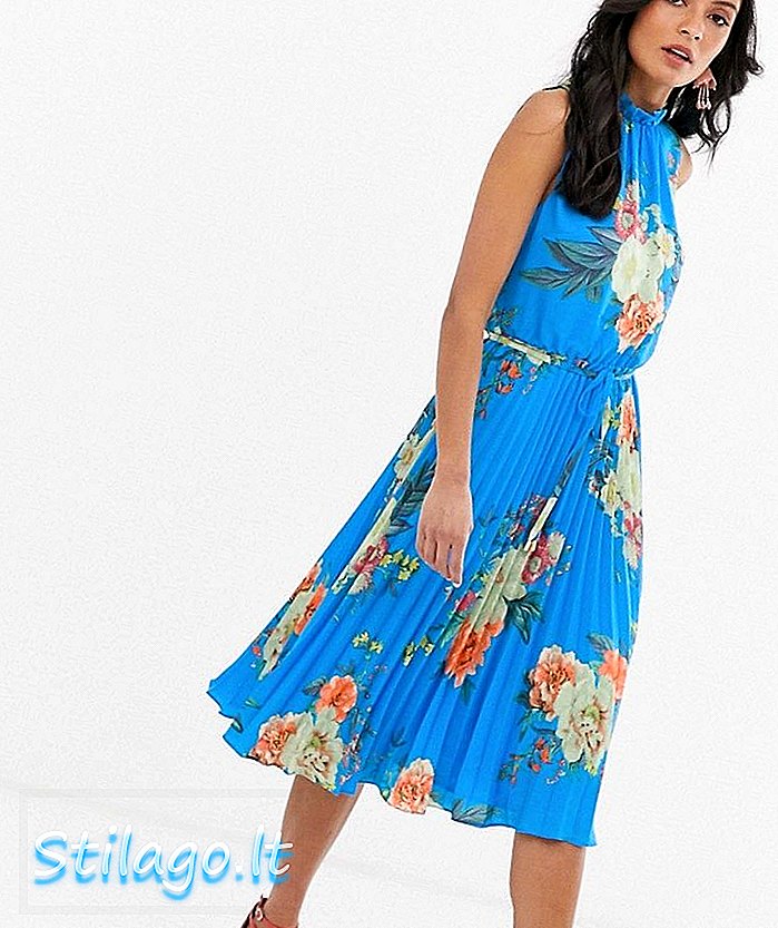 Oasis Pileli MIDI Elbise Çiçek Baskılı-Mavi