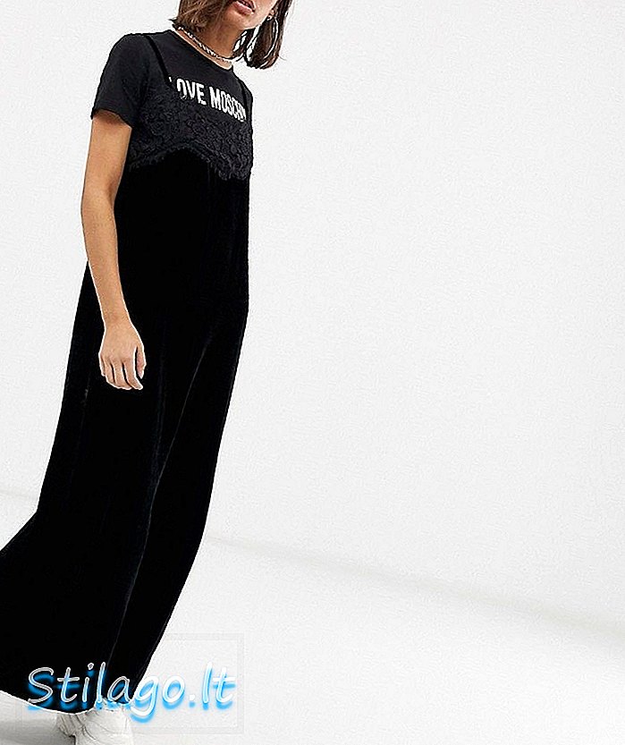Love Moschino أنا أحب فستان Moschino بالشعار الطويل مع تراكب من المخمل - أسود