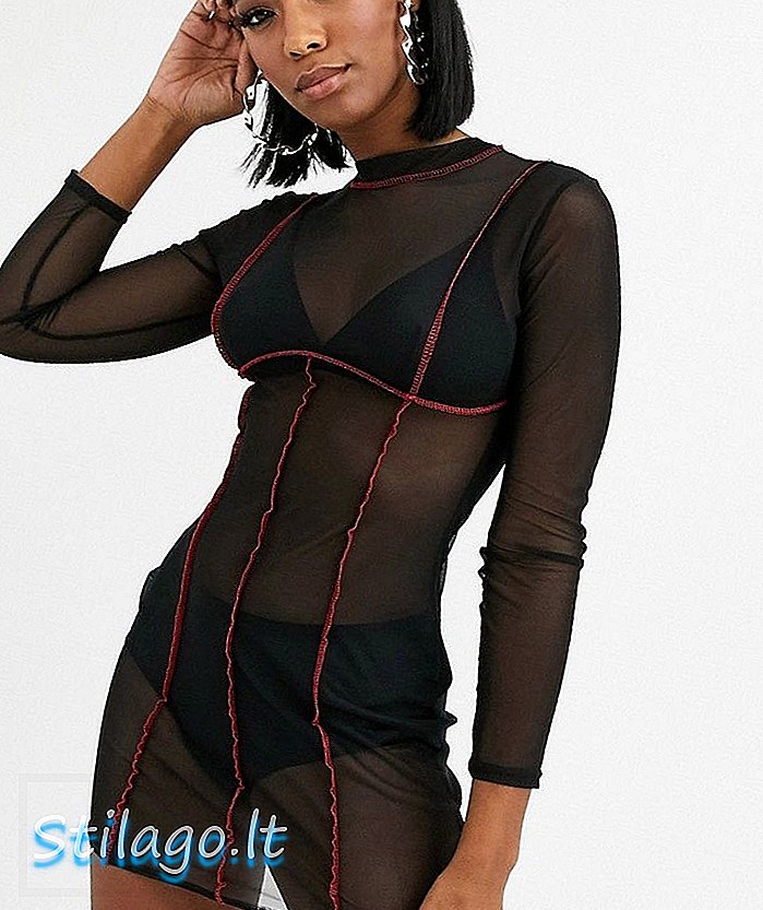 Mesh-Siyah kontrast overlok ile Kamu Desire bodycon mini elbise