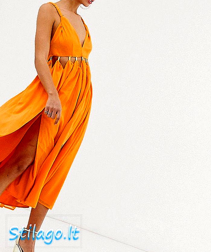 क्रिंकल शिफॉन-ब्राऊनमध्ये कट आऊट डीएटील आणि स्प्लिस्ड स्कर्टसह एएसओएस डिझाइन सॉफ्ट मिडी ड्रेस