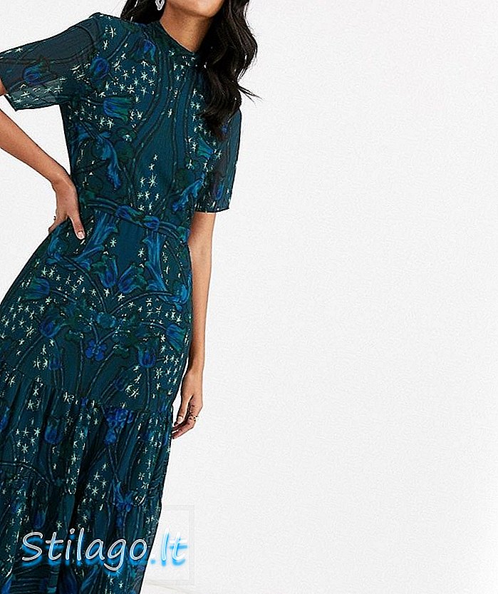 Hope & Ivy High-Neck-Midaxi-Kleid mit tiefem Saum in Kontrast-Blumen- und Sternendruck-Multi