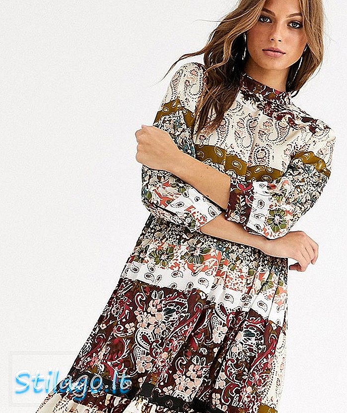 Selendang leher tinggi Vila print midi smock dress-Multi