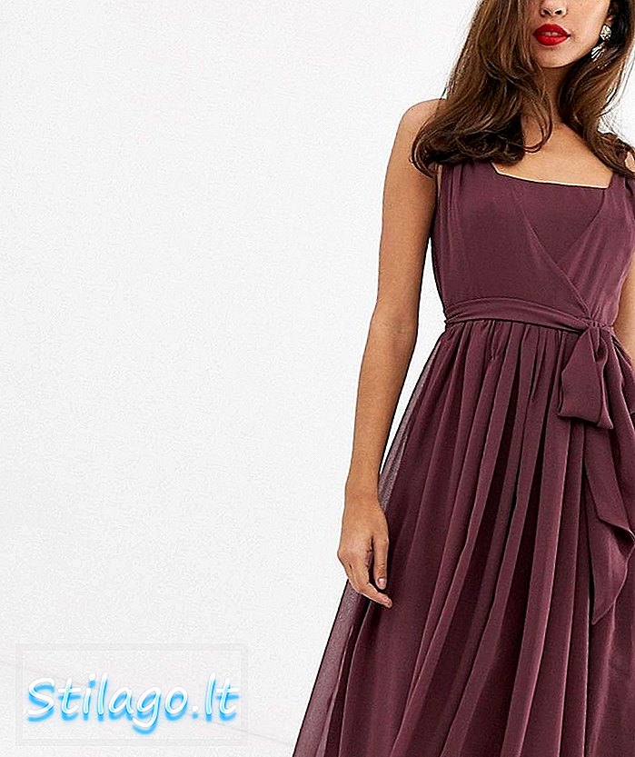 ASOS DESIGN mäkké šifónové štvorhranné šaty so šikmým výstrihom s twist popruhom-fialová