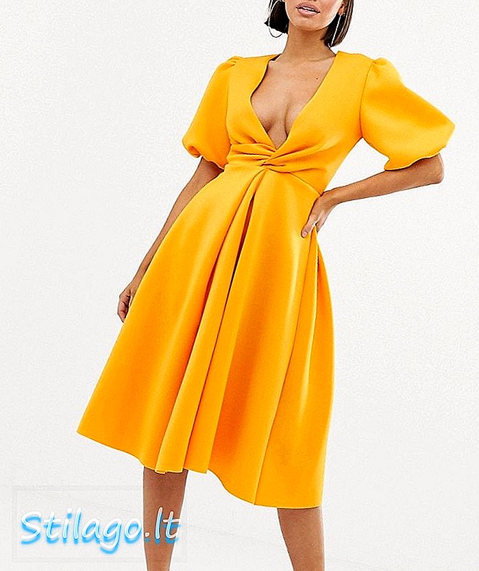 ASOS ڈیزائن بلبلا آستین موڑ تفصیل مڈھی پروم لباس-پیلے رنگ