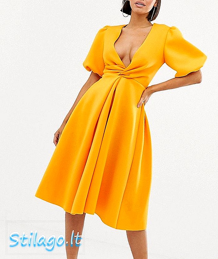 ASOS DESIGN detail lengan gelembung twist midi prom dress - Kuning