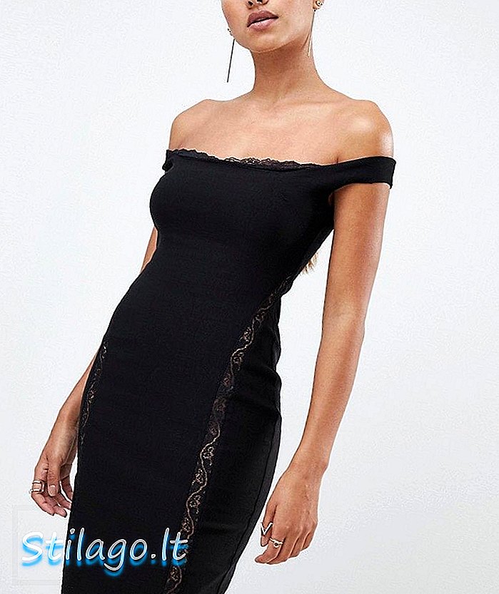 काले रंग में वेस्पर लेस अंडरले बार्डोट बॉडकोन मिडी ड्रेस