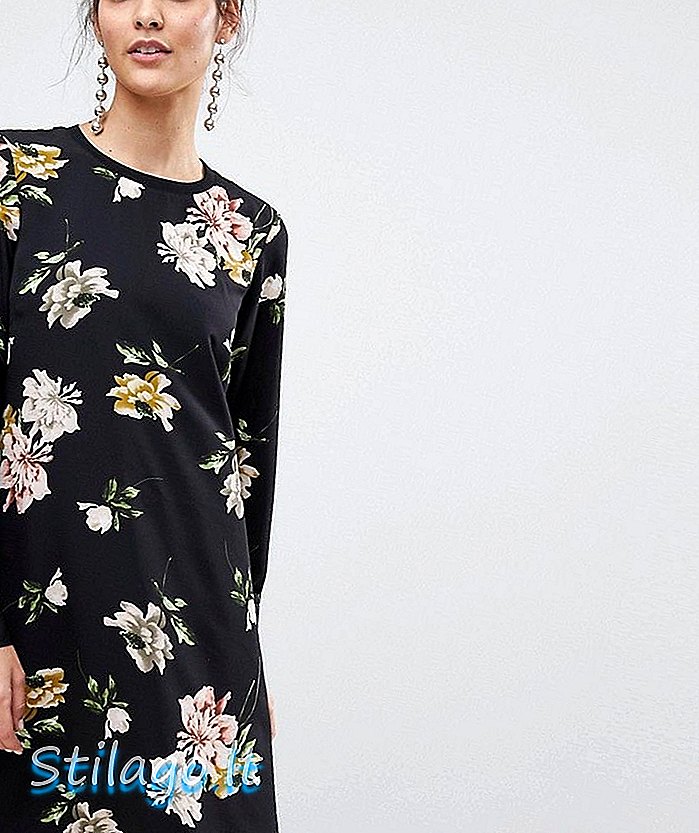 Y.A.S blomstret mini skift kjole med ærme ribdetaljer i sort-Multi