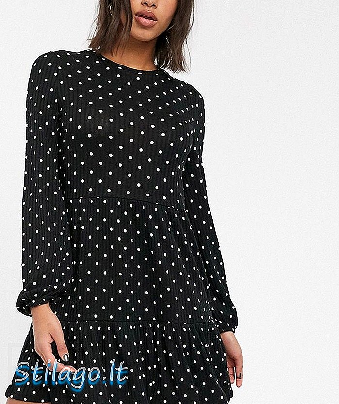 Stradivarius polka डॉट काले रंग में रिब्ड ड्रेस