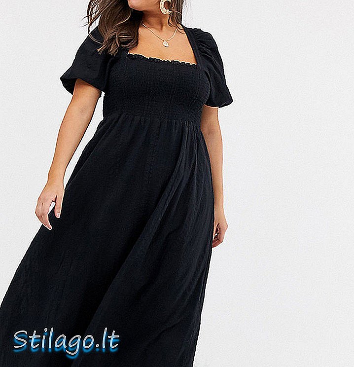ASOS DESIGN Φόρεμα με καμπυλωτό μπούστο maxi με μανίκι με φούστα σε seersucker-Μαύρο