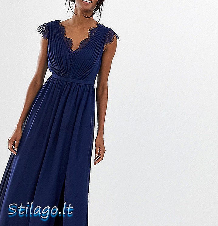 Vestido largo de Little Mistress Tall con detalle de encaje y abertura lateral en azul marino