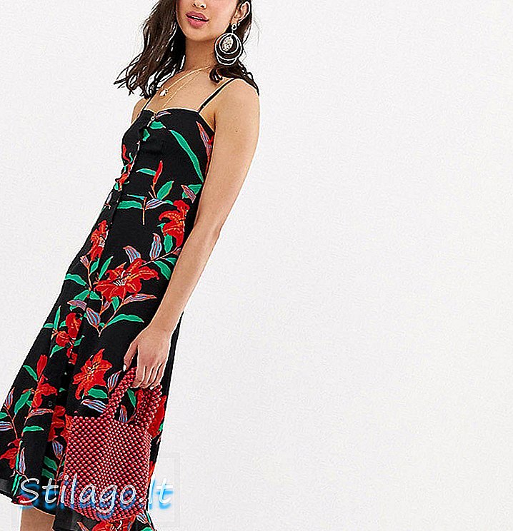 Parisisk høy cami stropp midi-kjole i tropisk blomster-svart