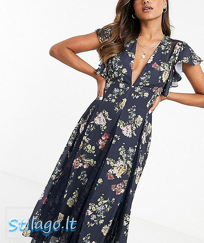 ASOS DESIGN midi kjole med godet blonder indsatser i marinebaseret blomster