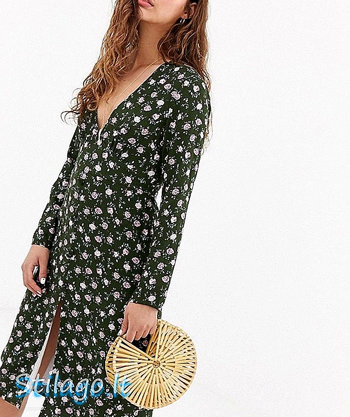Wild Honey Midi-te-klänning med lång ärm i vintage blommig-grön