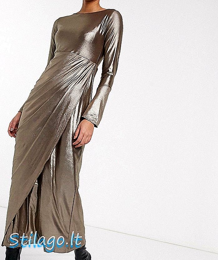 שמלת מקסי ורונה עם חזית גלישת וילון בגליטר כסף-שחור