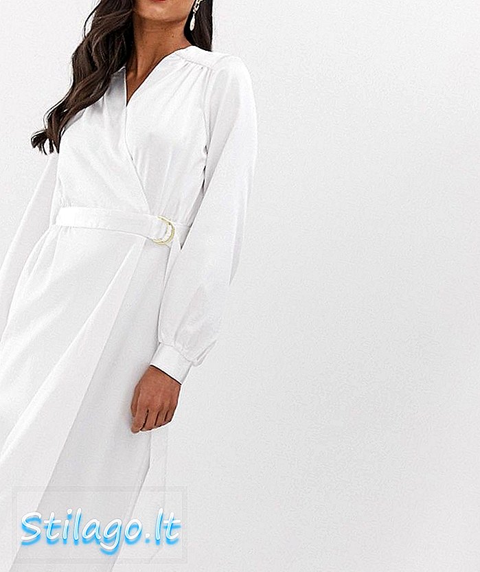 Килер Лондон обвивка предна сатенена рокля с дълъг ръкав с детайл от колан в бяло