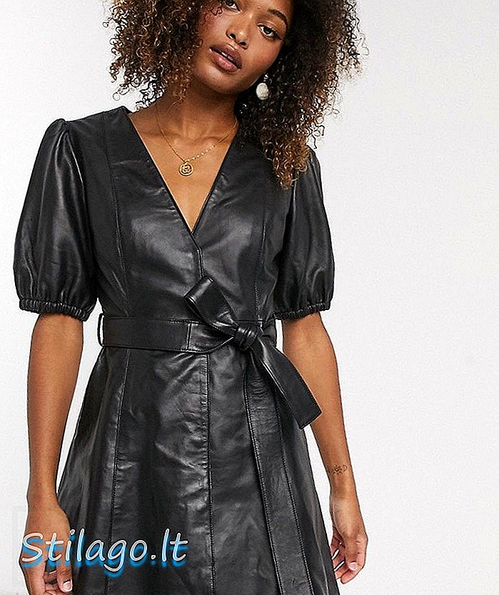 Y.A.S læder v-hals mini kjole med volumen ærme-sort