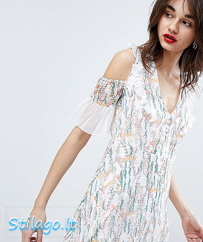Vero Moda květinový tisk mini šaty s volánovým studeným ramenem v bílé Multi
