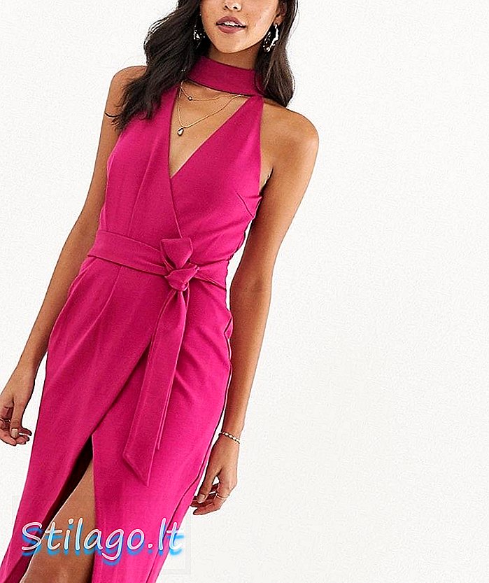 호화로운 앨리스 폰테 초커 넥 랩 미디엄 핑크 드레스