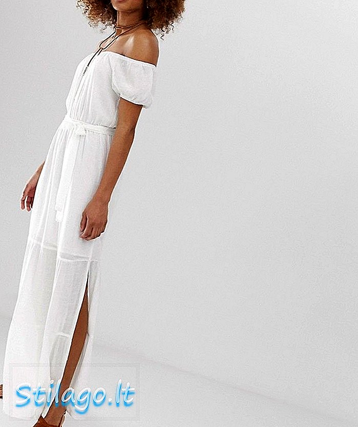 Gilli bardot maxi dress dengan tali leher pinggang-Putih